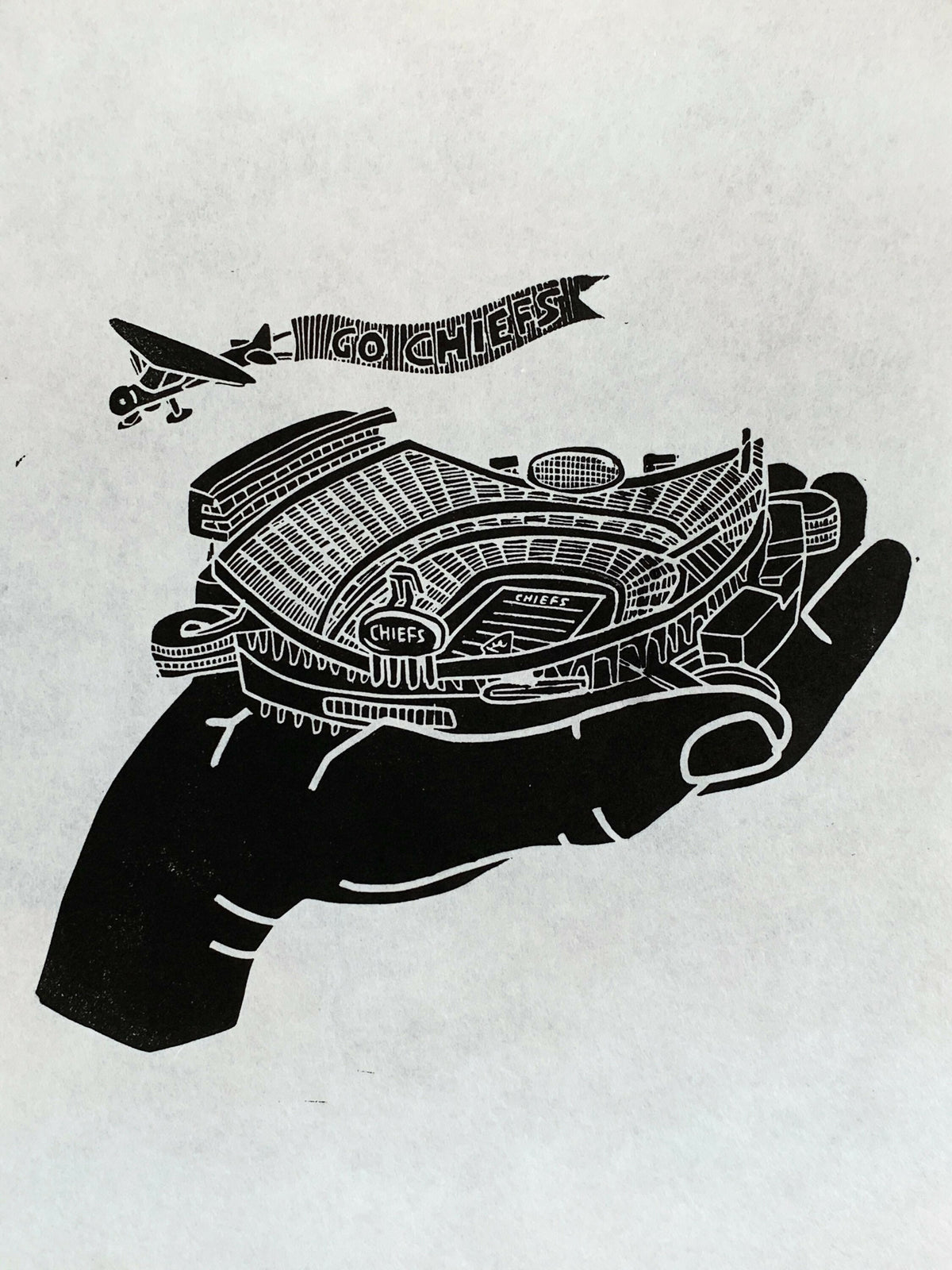 Arrowhead Stadium, Kansas City Chiefs | Handscape | | Linocut Print | Wall Art