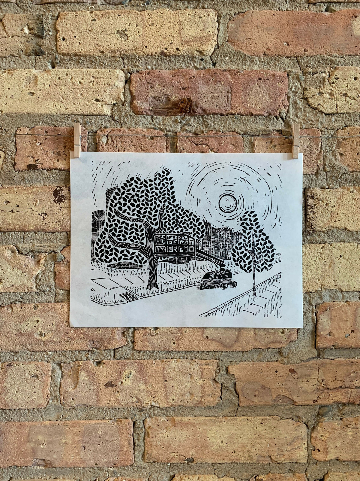 Cherrypicker | Lakewood and Eddy | City Scenes | Landscape, Spring Tree, Graceland Cemetery, Chicago | Linocut Print | Wall Art