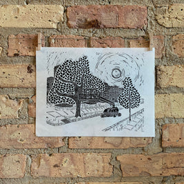 Cherrypicker | Lakewood and Eddy | City Scenes | Landscape, Spring Tree, Graceland Cemetery, Chicago | Linocut Print | Wall Art
