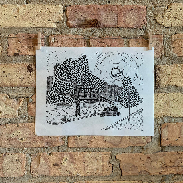 Cherrypicker | Lakewood and Eddy | City Scenes | Landscape, Spring Tree, Graceland Cemetery, Chicago | Linocut Print | Wall Art