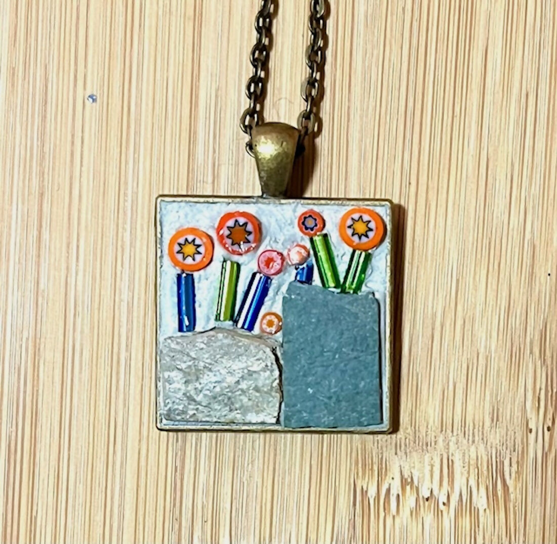 Mosaic Pendant: Flowers Growing in Slate