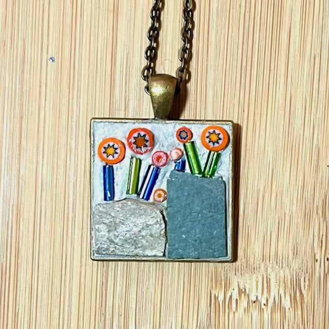 Mosaic Pendant: Flowers Growing in Slate