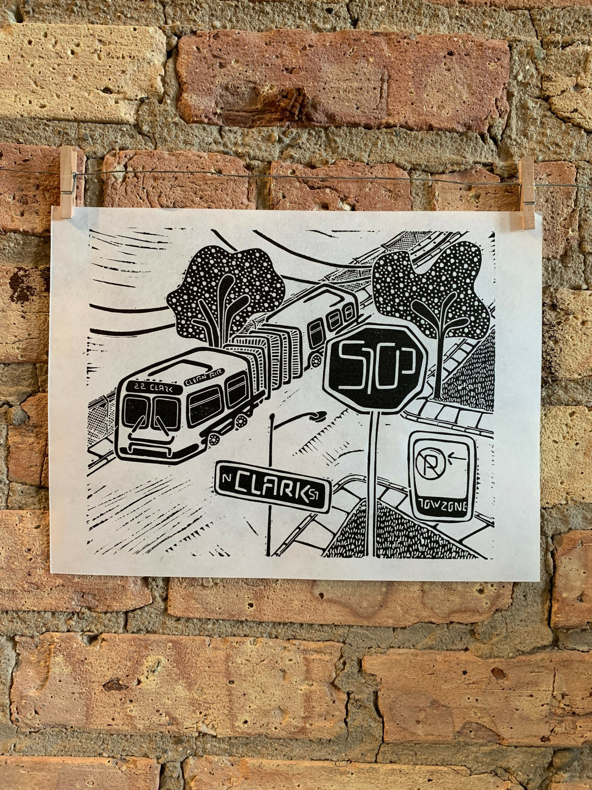 CTA-Pillar | Bus | City Scenes | Landscape, Spring Tree, Graceland Cemetery, Chicago | Linocut Print | Wall Art