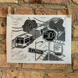 CTA-Pillar | Bus | City Scenes | Landscape, Spring Tree, Graceland Cemetery, Chicago | Linocut Print | Wall Art