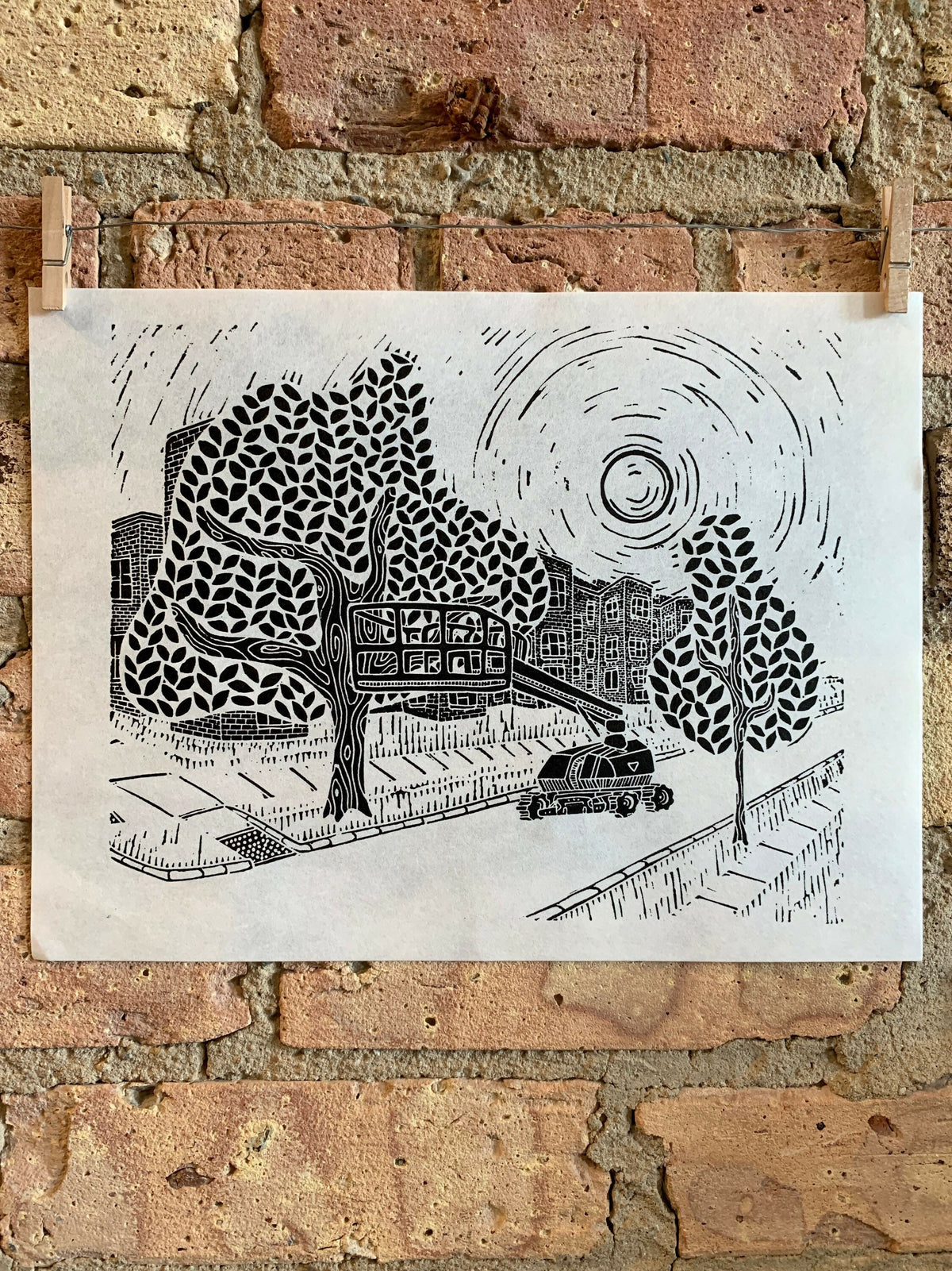 Cherrypicker | Lakewood and Eddy | City Scenes | Landscape, Spring Tree, Graceland Cemetery, Chicago | Linocut Print | Wall Art
