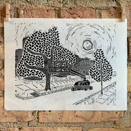 Cherrypicker | Lakewood and Eddy | City Scenes | Landscape, Spring Tree, Graceland Cemetery, Chicago | Linocut Print | Wall Art