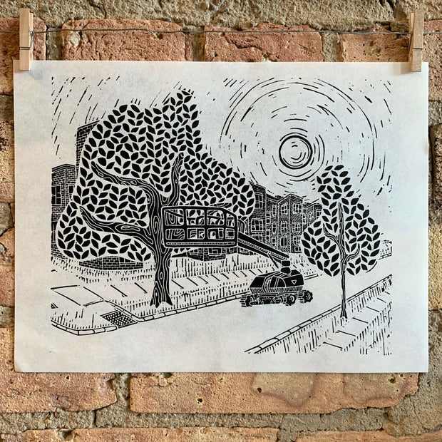 Cherrypicker | Lakewood and Eddy | City Scenes | Landscape, Spring Tree, Graceland Cemetery, Chicago | Linocut Print | Wall Art