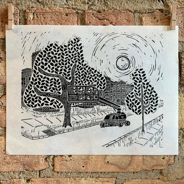 Cherrypicker | Lakewood and Eddy | City Scenes | Landscape, Spring Tree, Graceland Cemetery, Chicago | Linocut Print | Wall Art