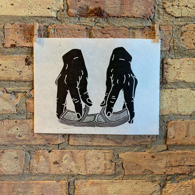 Shuffle | Hands Shuffling Cards | Linocut Print | Wall Art