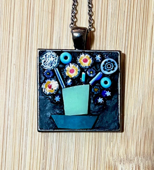 Mosaic Pendant: Flower Pot in Blues
