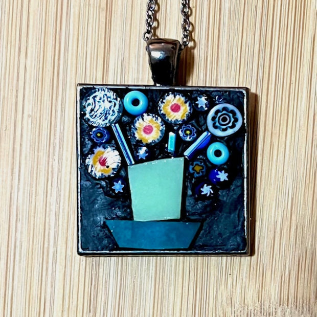 Mosaic Pendant: Flower Pot in Blues