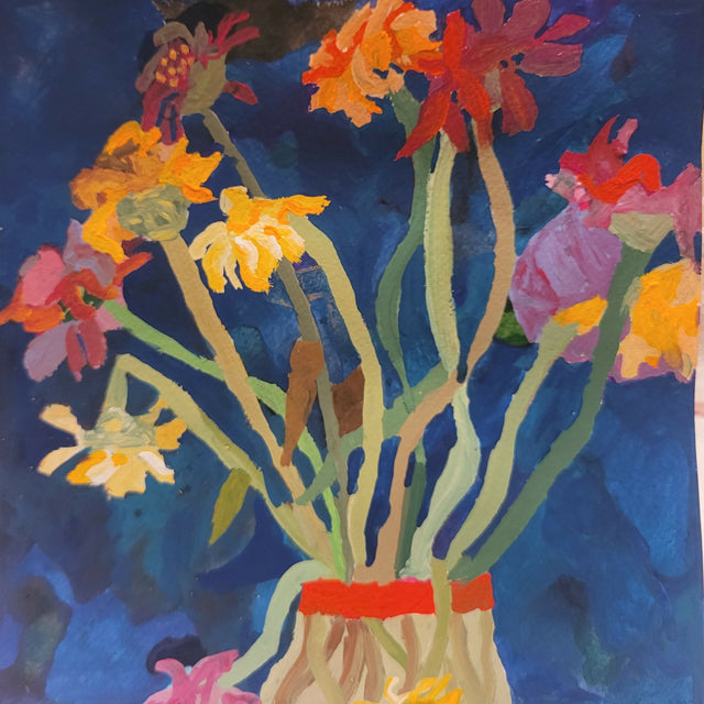 Zinnias (bouuet) (floating on handmade paper with simple black contemporary frame)