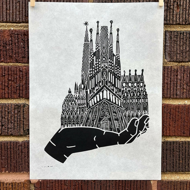 Sagrada Familia Hand | Antonio Gaudi | Handscape | Linocut Print | Wall Art