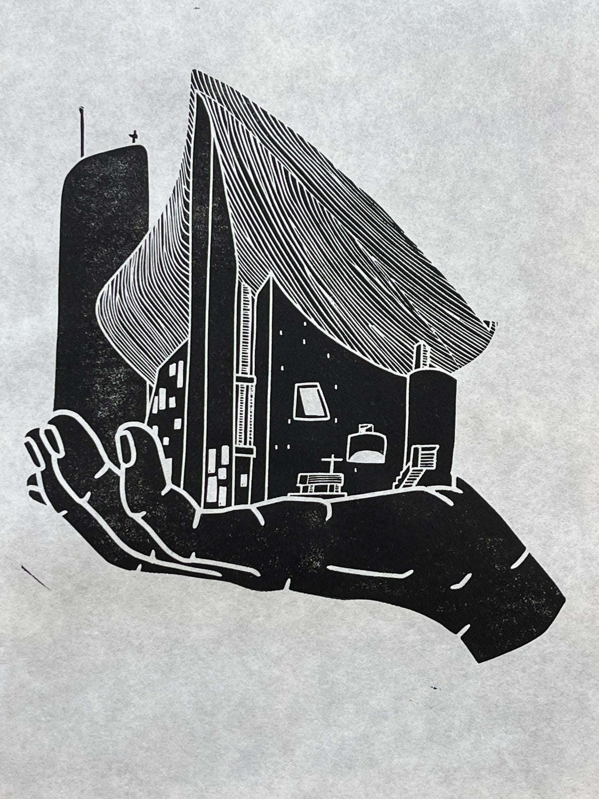 Ronchamp Hand | Le Corbusier | Notee Dame du Ronchamp | Handscape | Linocut Print | Wall Art