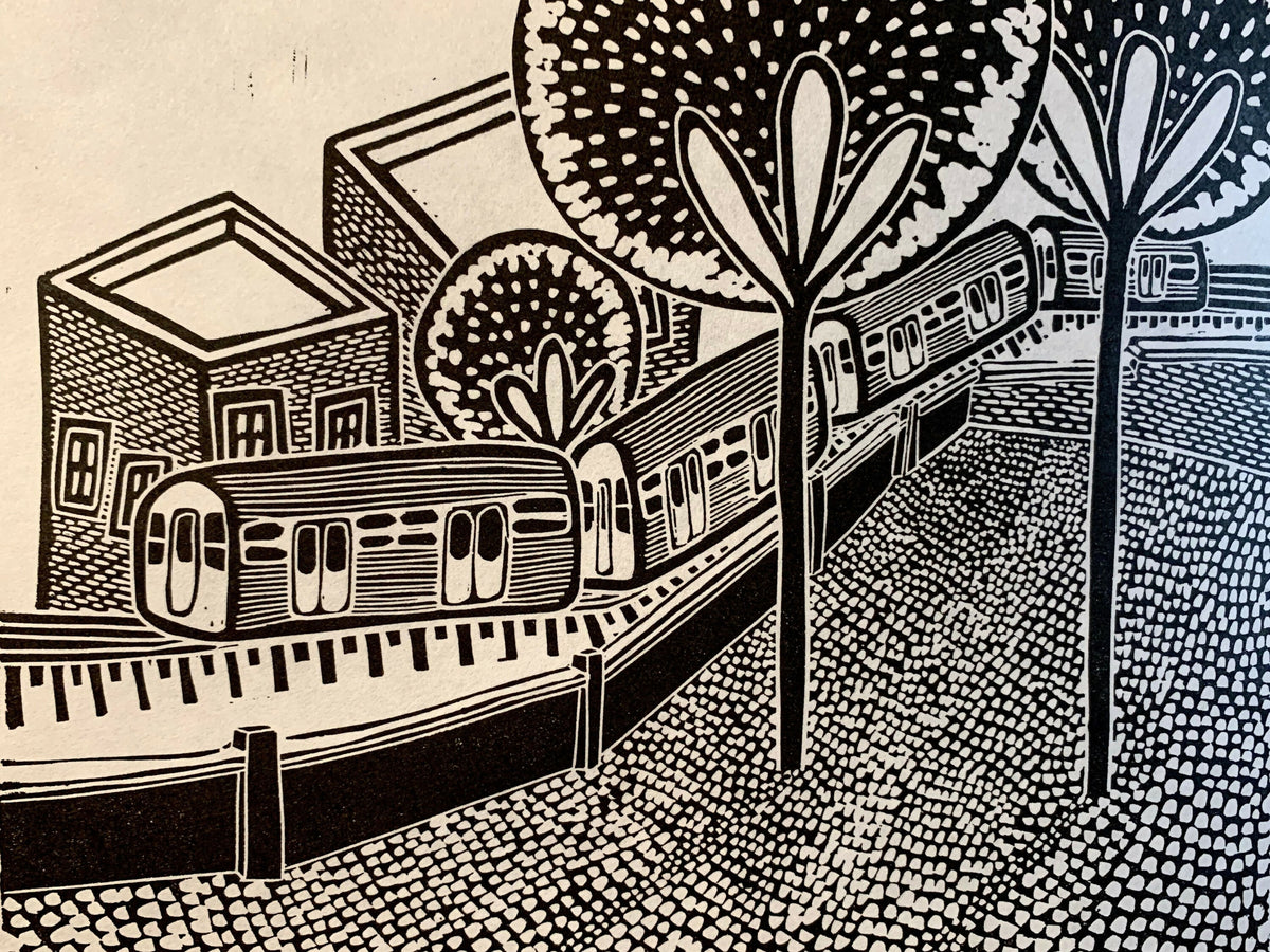 Train Through the Trees | City Scenes | Landscape, Spring Tree, Graceland Cemetery, Chicago | Linocut Print | Wall Art