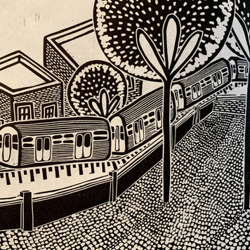 Train Through the Trees | City Scenes | Landscape, Spring Tree, Graceland Cemetery, Chicago | Linocut Print | Wall Art