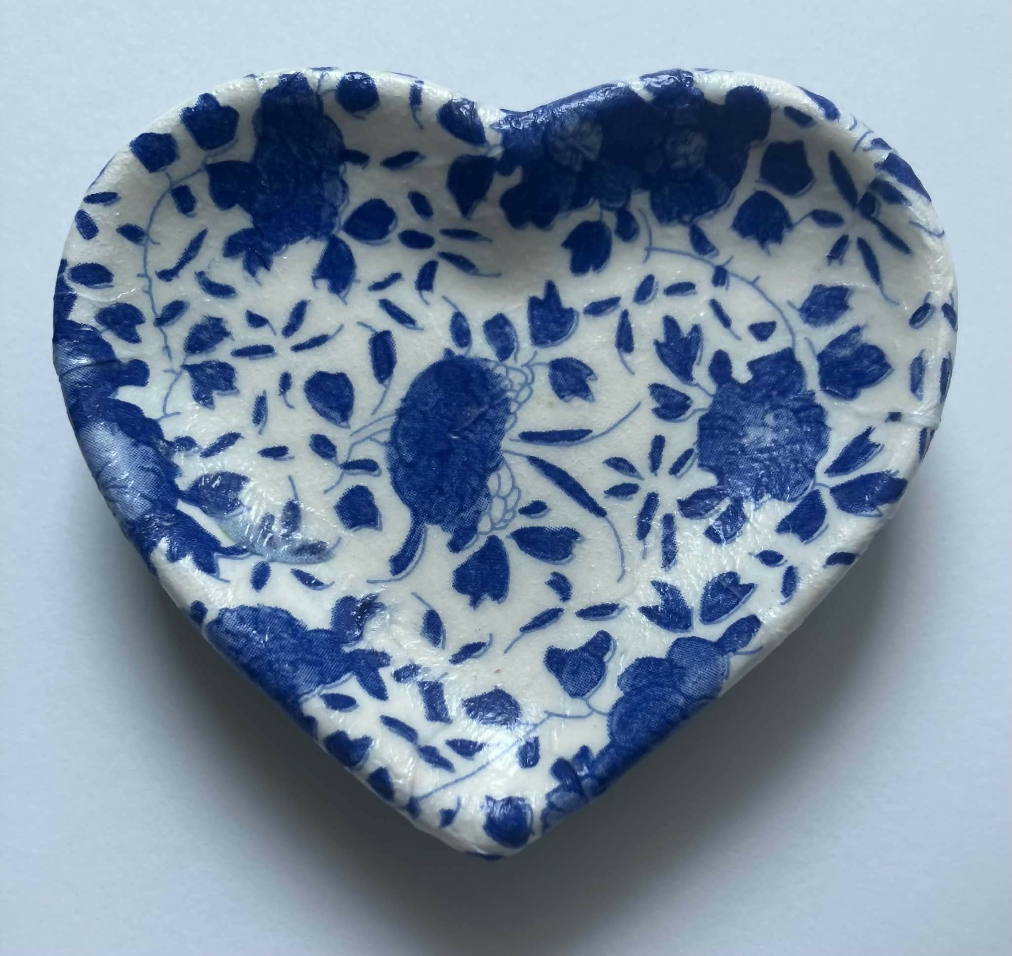 decoupage heart trinket dish - blue floral