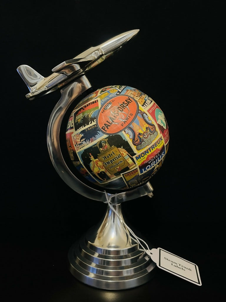 Art Deco Plane Globe with Vintage Steamer Trunk Labels