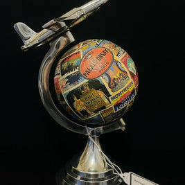 Art Deco Plane Globe with Vintage Steamer Trunk Labels