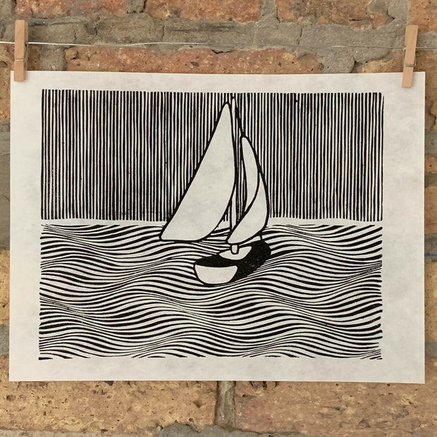 Sailboat, Lake Michigan / Moire 20 | Linocut Print | Wall Art