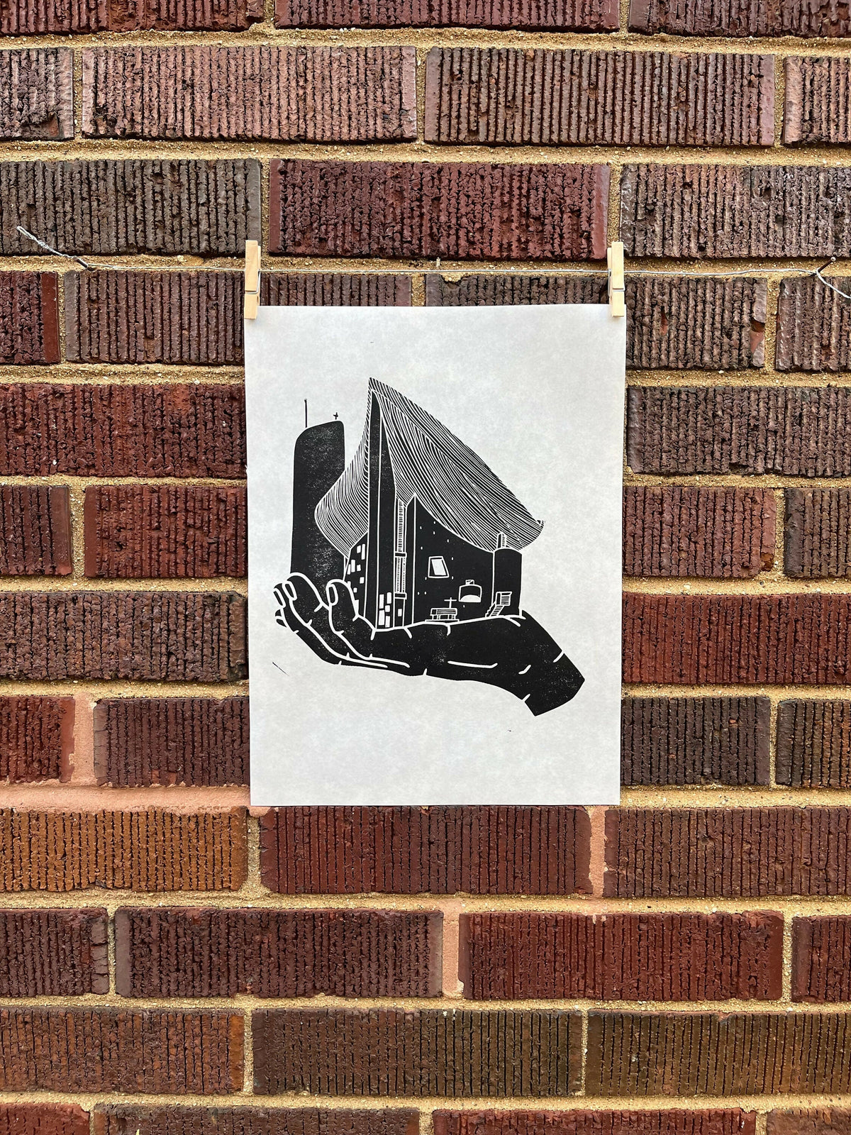Ronchamp Hand | Le Corbusier | Notee Dame du Ronchamp | Handscape | Linocut Print | Wall Art