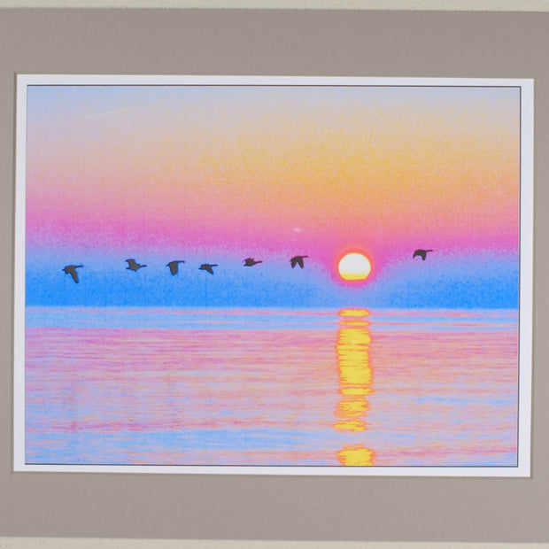 Geese at sunrise, matted print