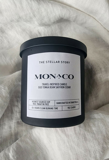 Monaco, travel-inspired candle. Clean burning candle in a black matt glass straight jar. Luxurious and sophisticated scent. Small batch, handmade, woman-owned, local.