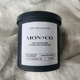 Monaco, travel-inspired candle. Clean burning candle in a black matt glass straight jar. Luxurious and sophisticated scent. Small batch, handmade, woman-owned, local.