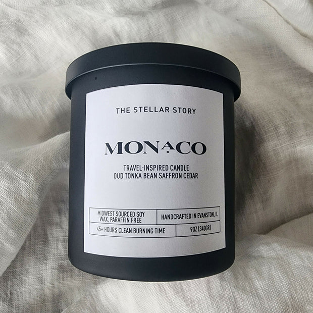 Monaco, travel-inspired candle. Clean burning candle in a black matt glass straight jar. Luxurious and sophisticated scent. Small batch, handmade, woman-owned, local.