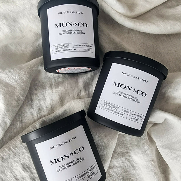 Monaco, travel-inspired candle. Clean burning candle in a black matt glass straight jar. Luxurious and sophisticated scent. Small batch, handmade, woman-owned, local.Monaco, travel-inspired candle. Clean burning candle in a black matt glass straight jar. Luxurious and sophisticated scent. Small batch, handmade, woman-owned, local.