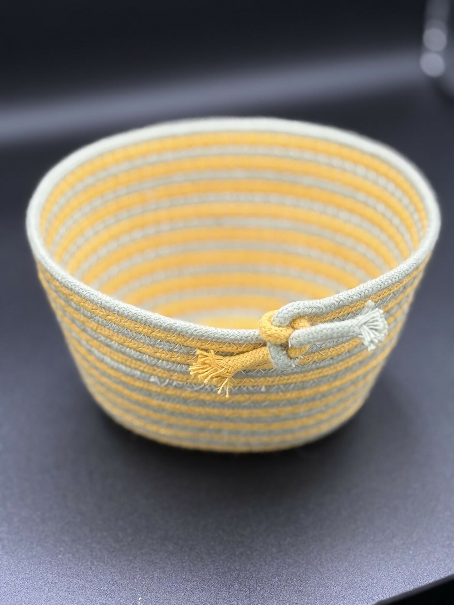 Coiled rope vessel - yellow and olive stripe
