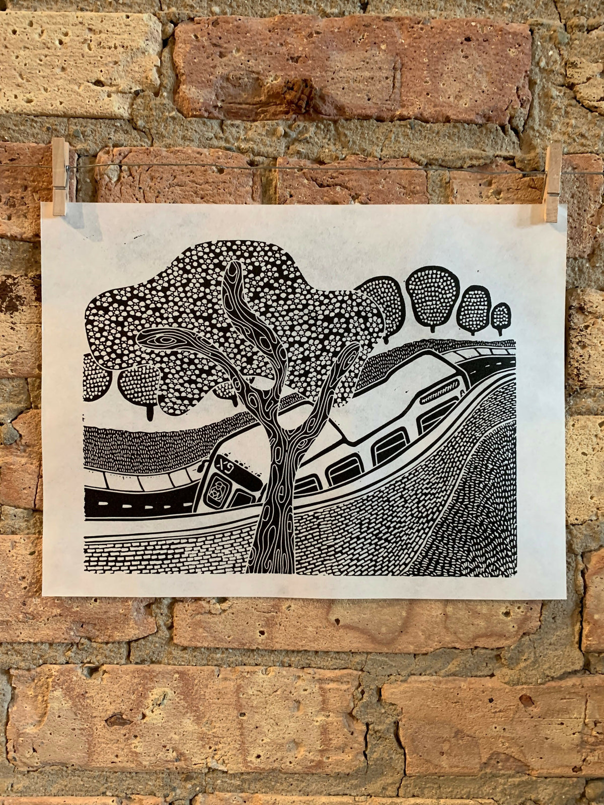 Bus Over a Brick Wall | Chicago CTA | Linocut Print | Wall Art