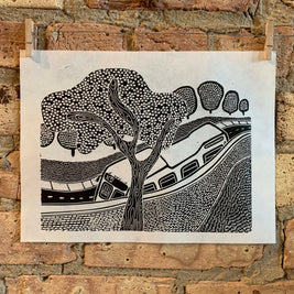 Bus Over a Brick Wall | Chicago CTA | Linocut Print | Wall Art