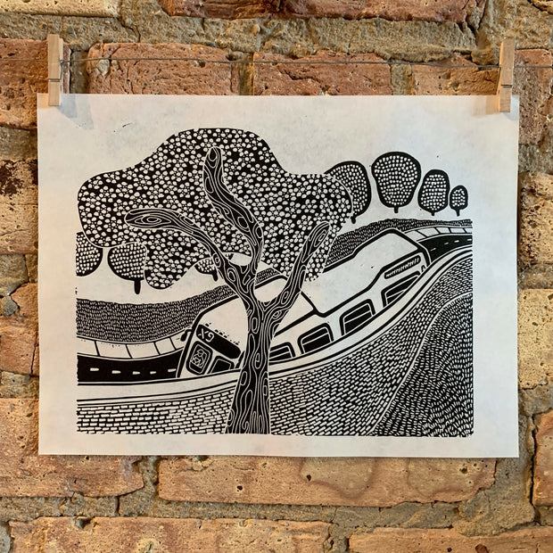 Bus Over a Brick Wall | Chicago CTA | Linocut Print | Wall Art