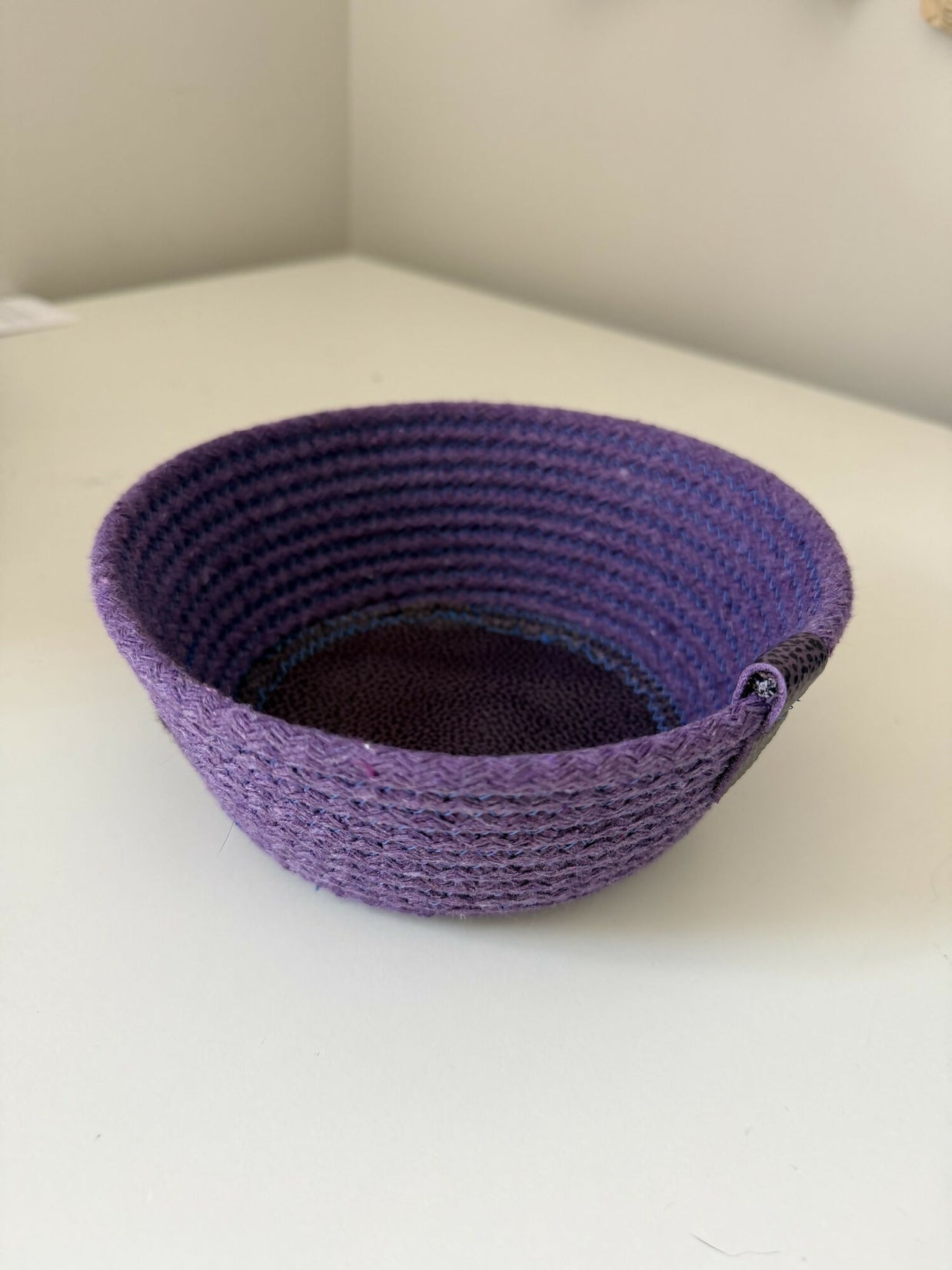 Coiled rope vessel - purple with purple leather bottom