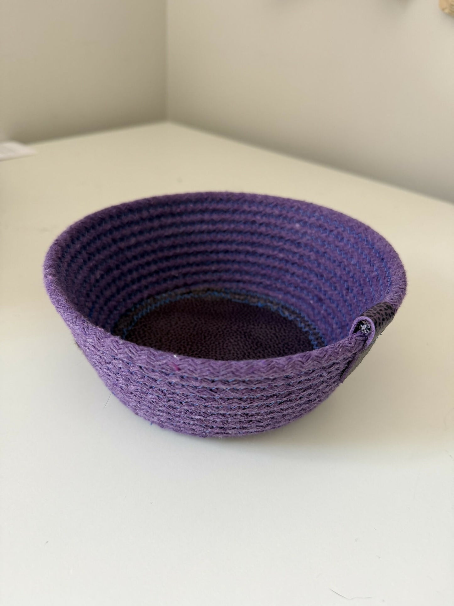 Coiled rope vessel - purple with purple leather bottom