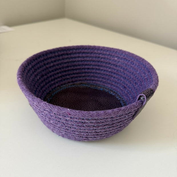 Coiled rope vessel - purple with purple leather bottom