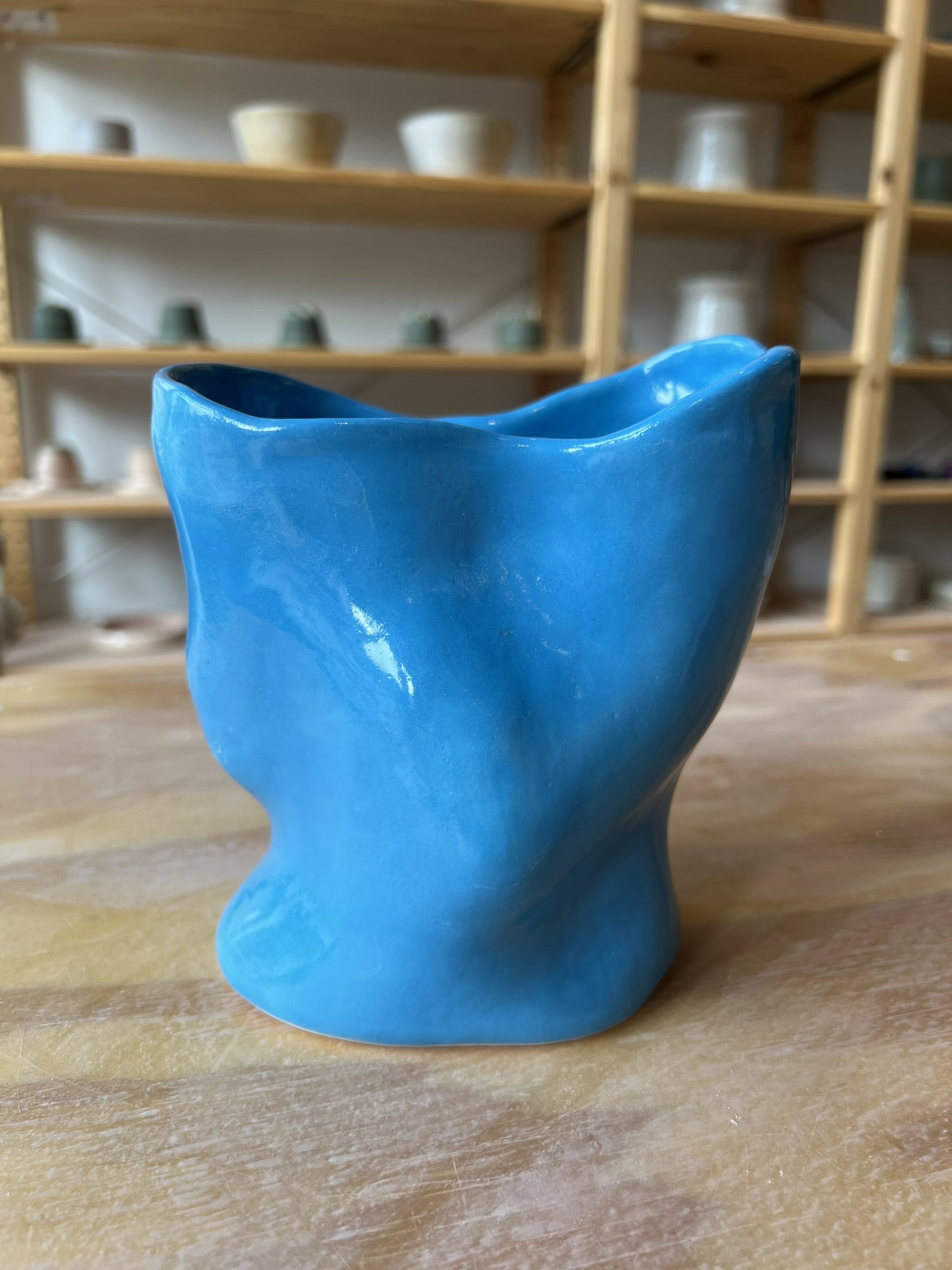 Bright blue ceramic vase - 6” tall