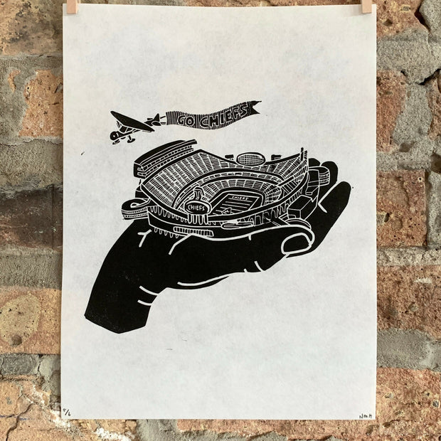 Arrowhead Stadium, Kansas City Chiefs | Handscape | | Linocut Print | Wall Art