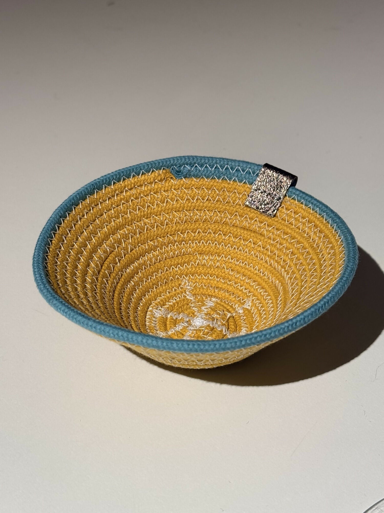 Coiled rope vessel - yellow with aqua trim