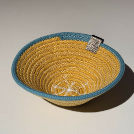 Coiled rope vessel - yellow with aqua trim