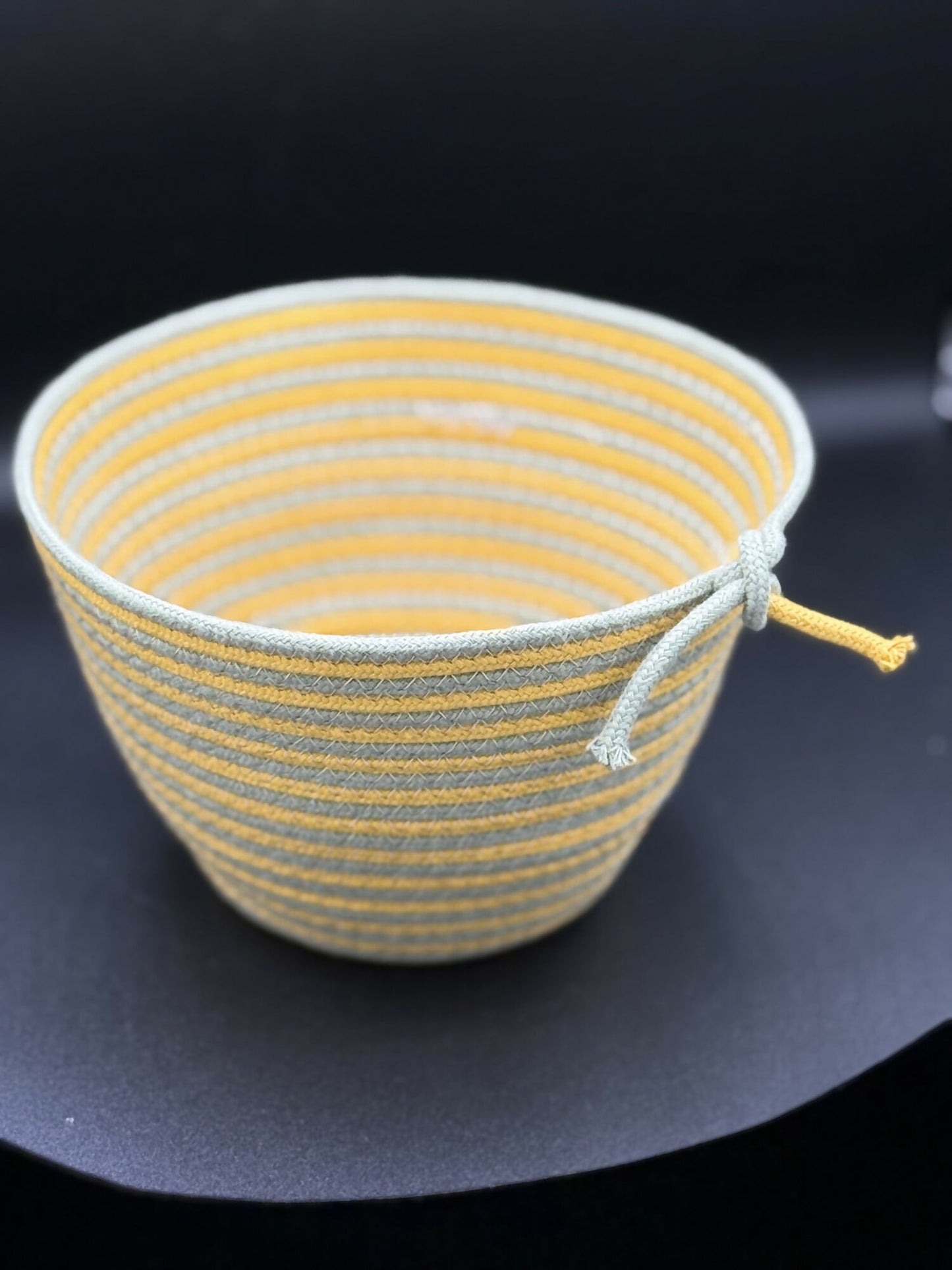 Coiled rope vessel - yellow and olive stripe - large