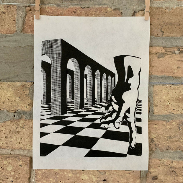 Arches 01 | de Chirico, Creation of Adam, Michelangelo, Surrealism | Linocut Print | Wall Art