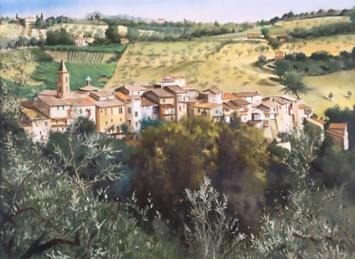 Village View with Olive Grove - matted and shrinkwrapped giclee print