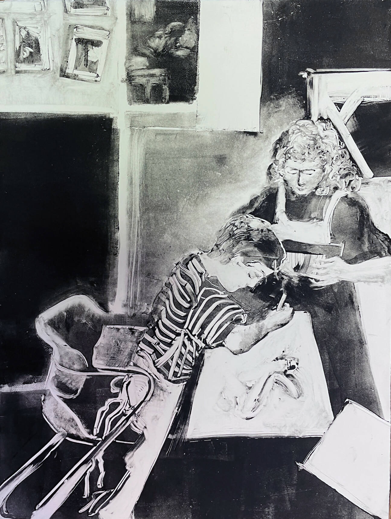 Mother and son creating art together lithograph