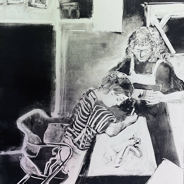 Mother and son creating art together lithograph
