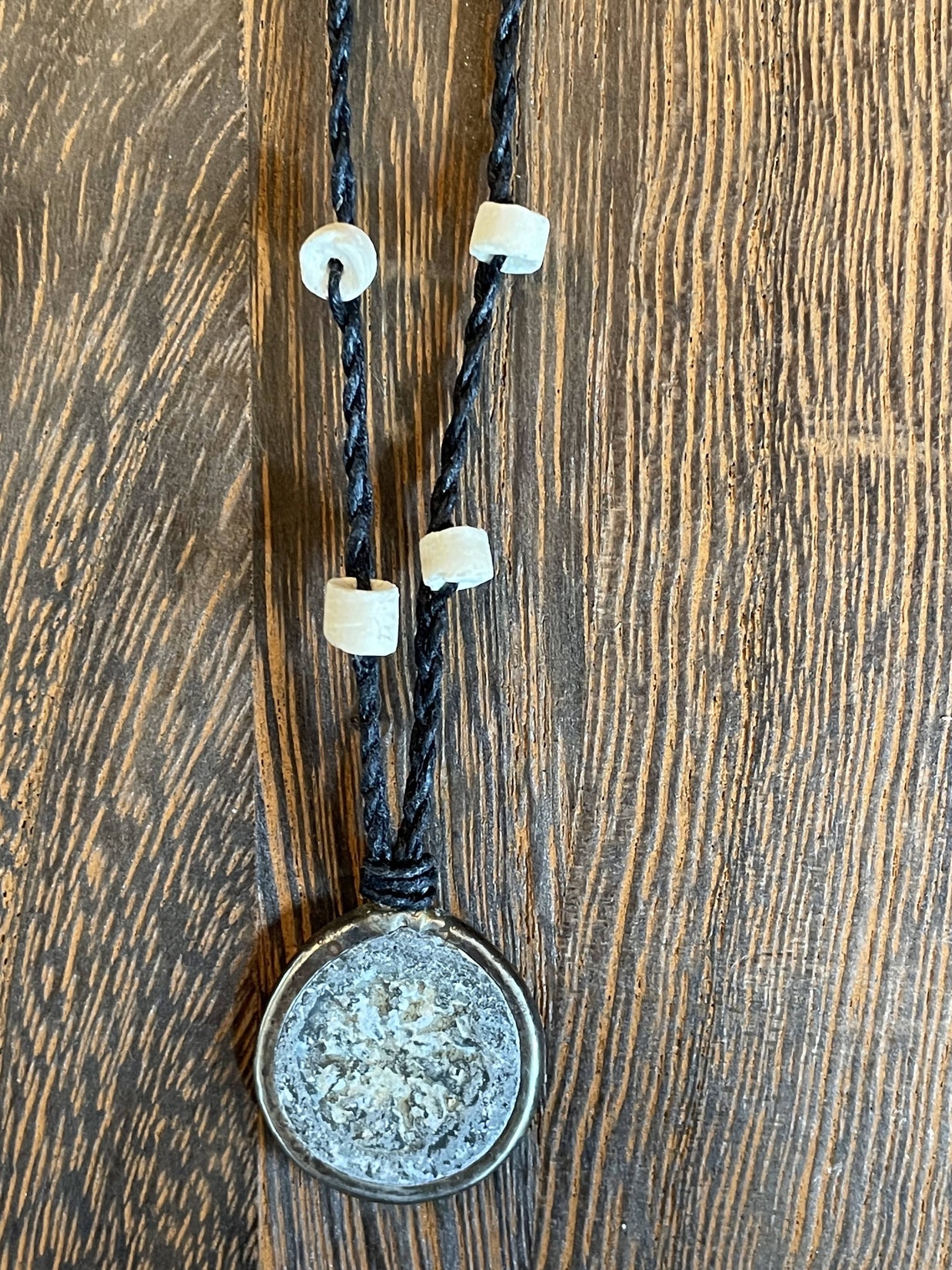 Buddhist Amulet - Dharma Wheel on assorted linen with assorted beads AMNK