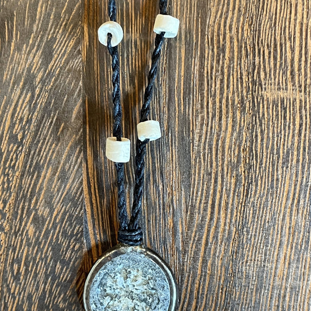 Buddhist Amulet - Dharma Wheel on assorted linen with assorted beads AMNK