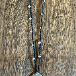 Buddhist Amulet - Dharma Wheel on assorted linen with assorted beads AMNK