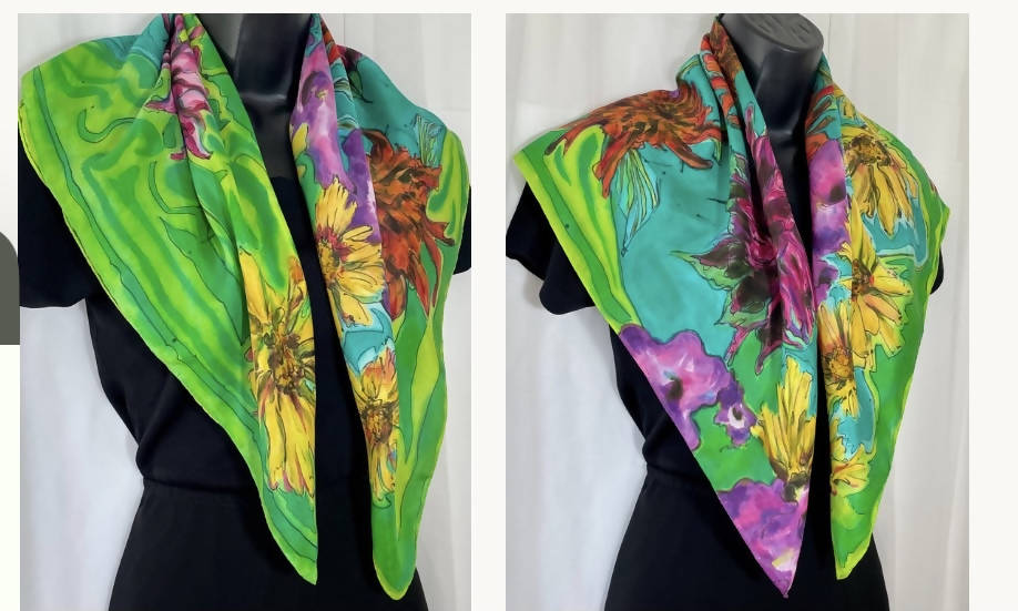 Purple Green Yellow Flower Silk Square Scarf